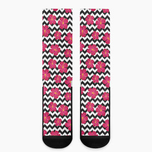 Pink Hibiscus Zigzag Pattern Print Crew Socks