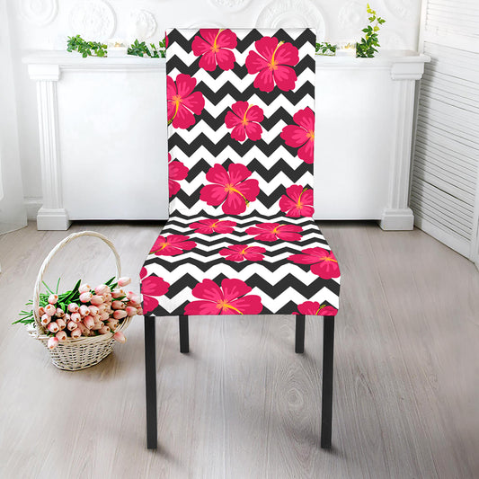 Pink Hibiscus Zigzag Pattern Print Dining Chair Slipcover
