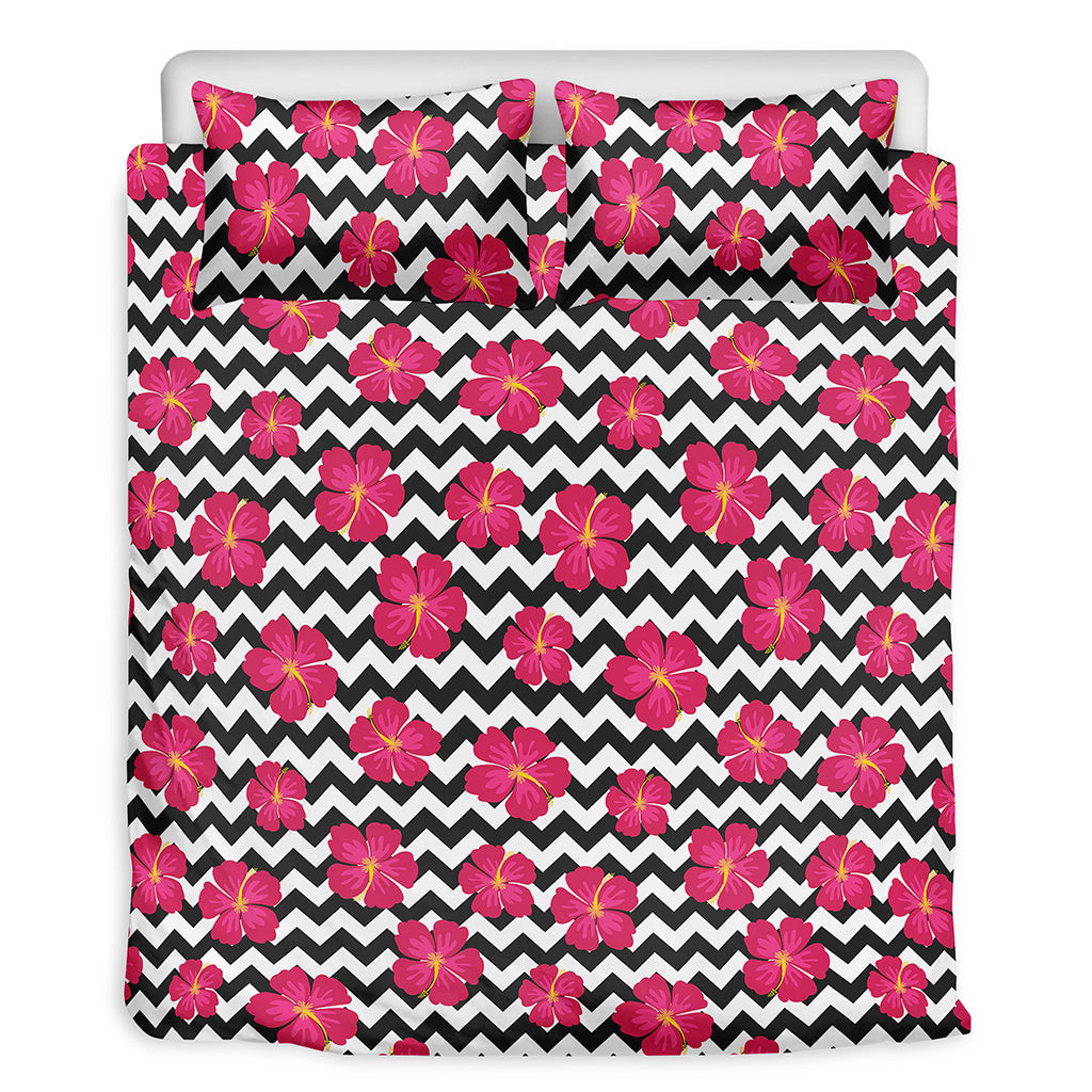 Pink Hibiscus Zigzag Pattern Print Duvet Cover Bedding Set