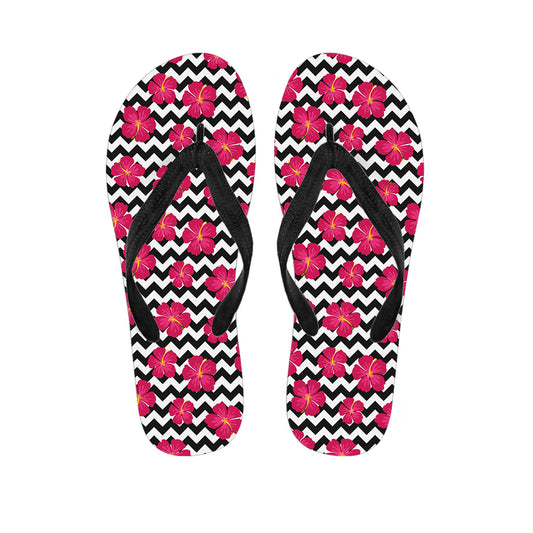 Pink Hibiscus Zigzag Pattern Print Flip Flops
