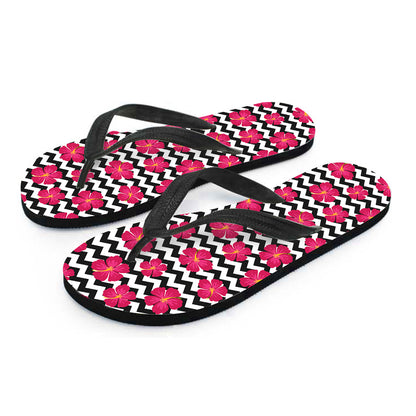 Pink Hibiscus Zigzag Pattern Print Flip Flops