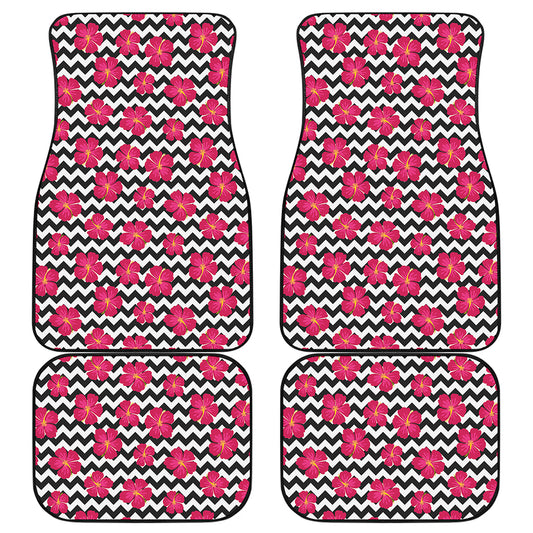 Pink Hibiscus Zigzag Pattern Print Front and Back Car Floor Mats