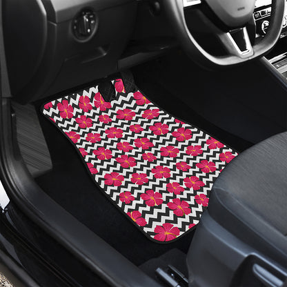 Pink Hibiscus Zigzag Pattern Print Front and Back Car Floor Mats
