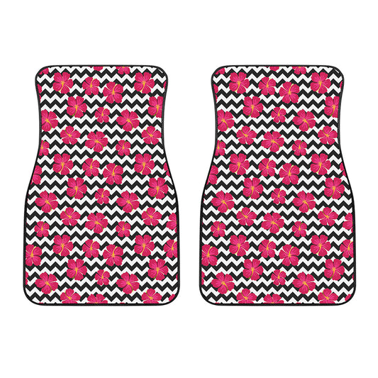 Pink Hibiscus Zigzag Pattern Print Front Car Floor Mats
