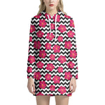 Pink Hibiscus Zigzag Pattern Print Hoodie Dress