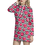 Pink Hibiscus Zigzag Pattern Print Hoodie Dress