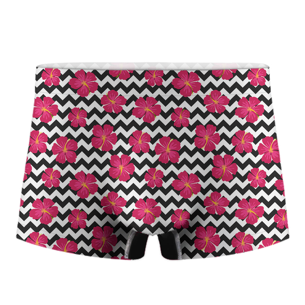 Pink Hibiscus Zigzag Pattern Print Men's Boxer Briefs