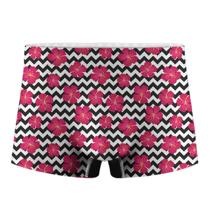 Pink Hibiscus Zigzag Pattern Print Men's Boxer Briefs