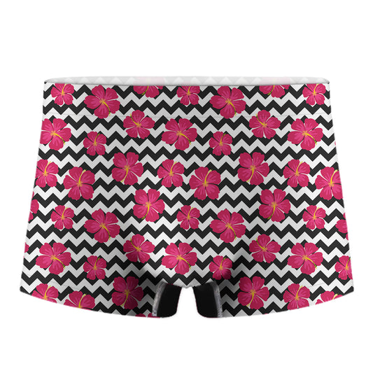 Pink Hibiscus Zigzag Pattern Print Men's Boxer Briefs