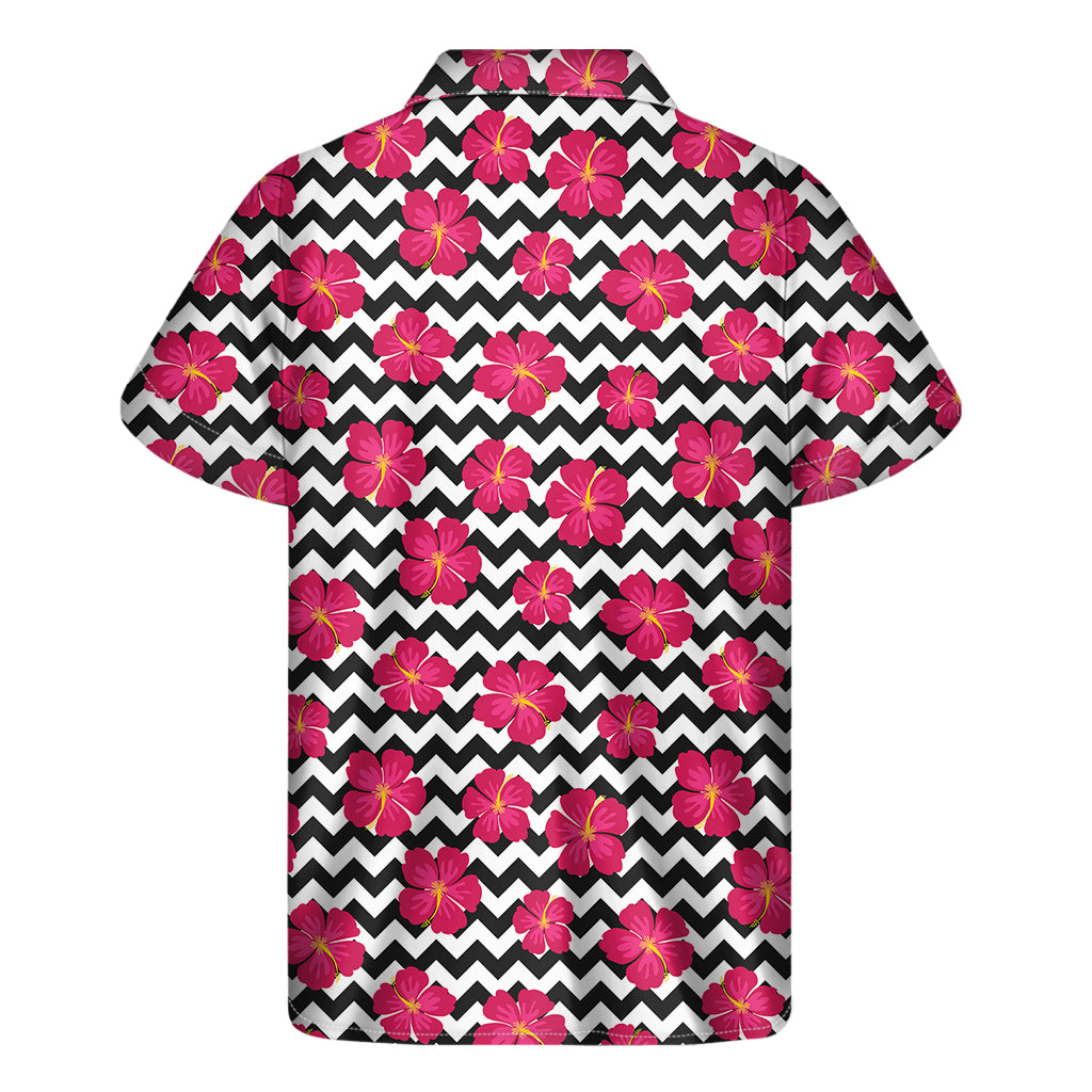 Pink Hibiscus Zigzag Pattern Print Men's Short Sleeve Shirt