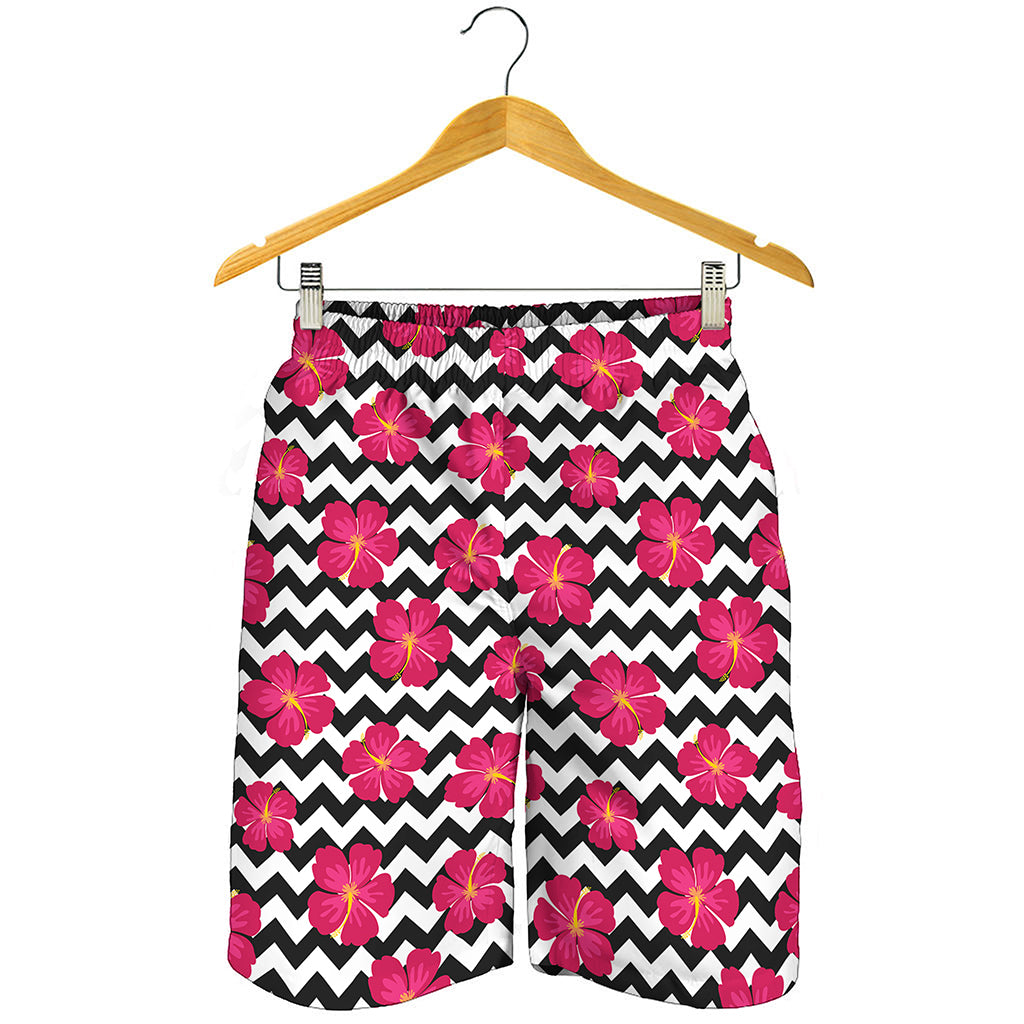 Pink Hibiscus Zigzag Pattern Print Men's Shorts