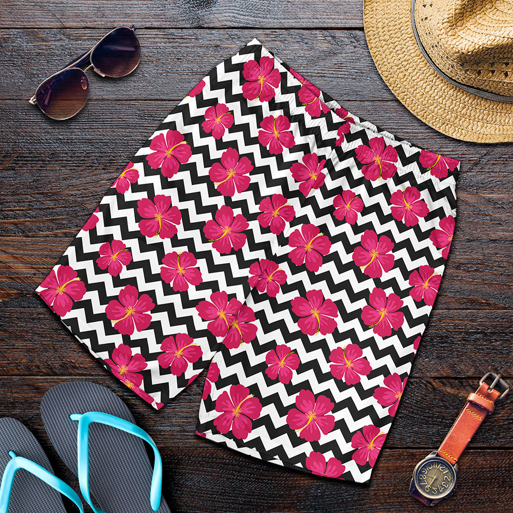 Pink Hibiscus Zigzag Pattern Print Men's Shorts
