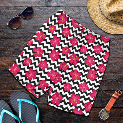 Pink Hibiscus Zigzag Pattern Print Men's Shorts