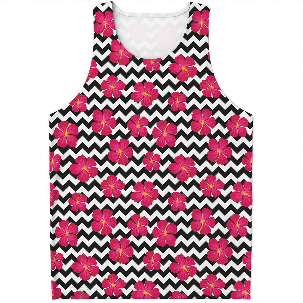 Pink Hibiscus Zigzag Pattern Print Men's Tank Top