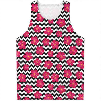 Pink Hibiscus Zigzag Pattern Print Men's Tank Top