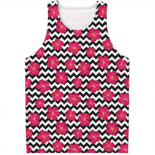 Pink Hibiscus Zigzag Pattern Print Men's Tank Top