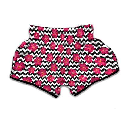 Pink Hibiscus Zigzag Pattern Print Muay Thai Boxing Shorts