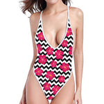 Pink Hibiscus Zigzag Pattern Print One Piece High Cut Swimsuit