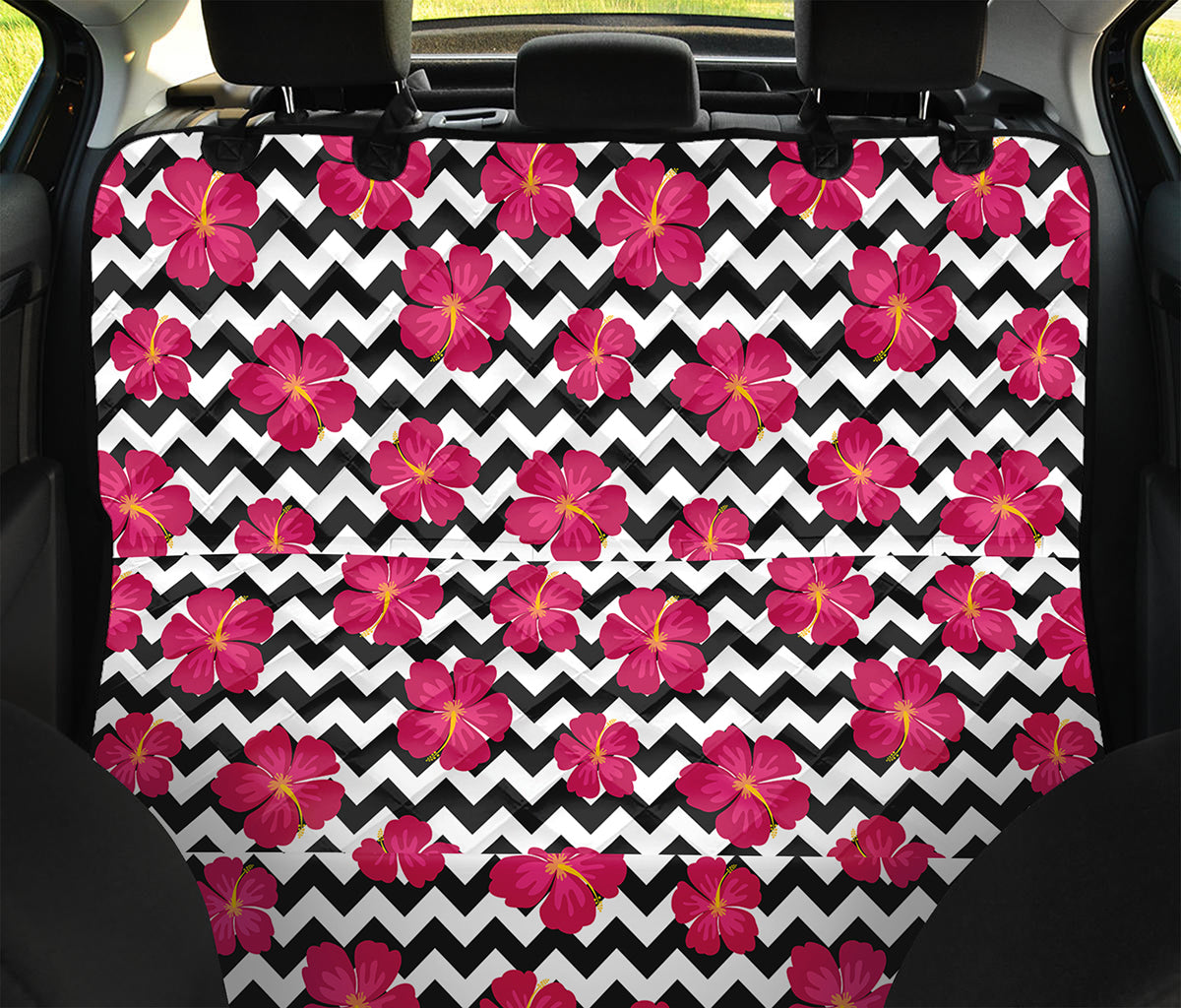 Pink Hibiscus Zigzag Pattern Print Pet Car Back Seat Cover