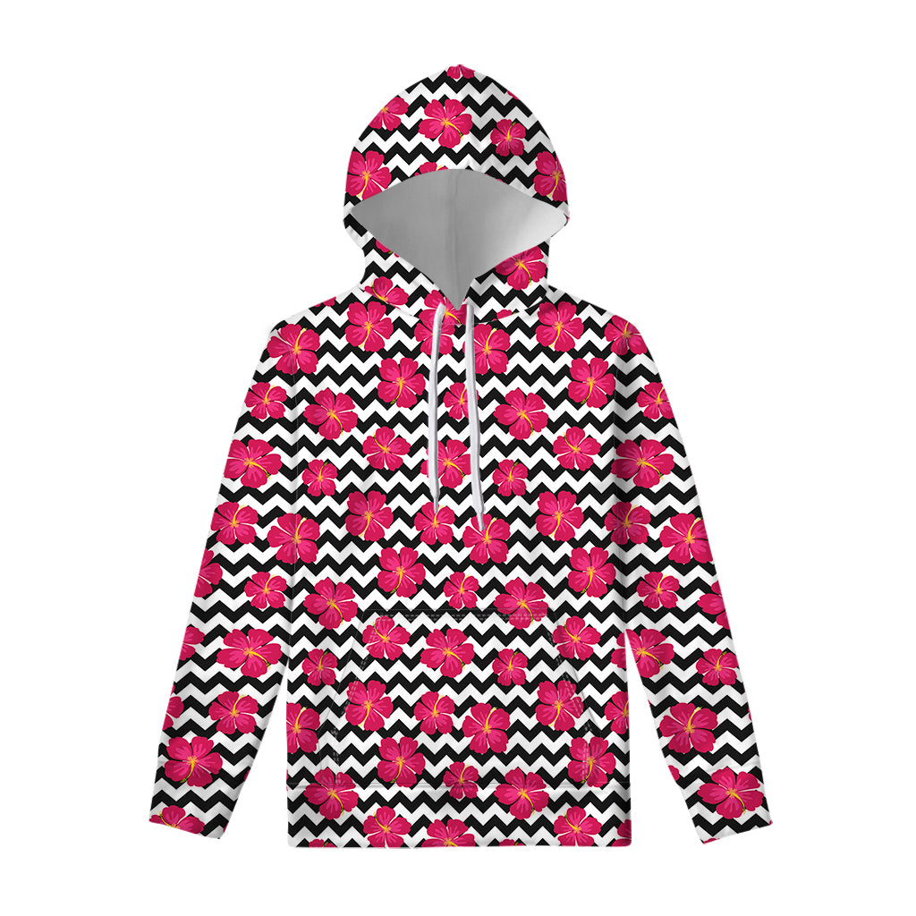 Pink Hibiscus Zigzag Pattern Print Pullover Hoodie