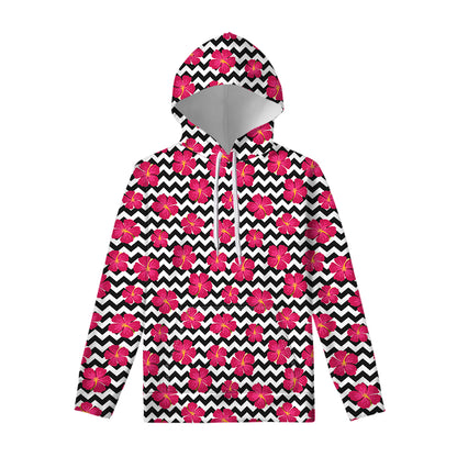 Pink Hibiscus Zigzag Pattern Print Pullover Hoodie