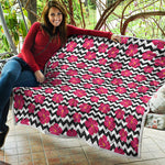 Pink Hibiscus Zigzag Pattern Print Quilt
