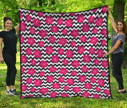 Pink Hibiscus Zigzag Pattern Print Quilt