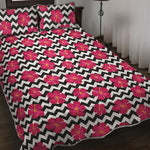 Pink Hibiscus Zigzag Pattern Print Quilt Bed Set