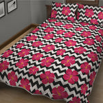 Pink Hibiscus Zigzag Pattern Print Quilt Bed Set