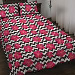 Pink Hibiscus Zigzag Pattern Print Quilt Bed Set