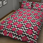 Pink Hibiscus Zigzag Pattern Print Quilt Bed Set