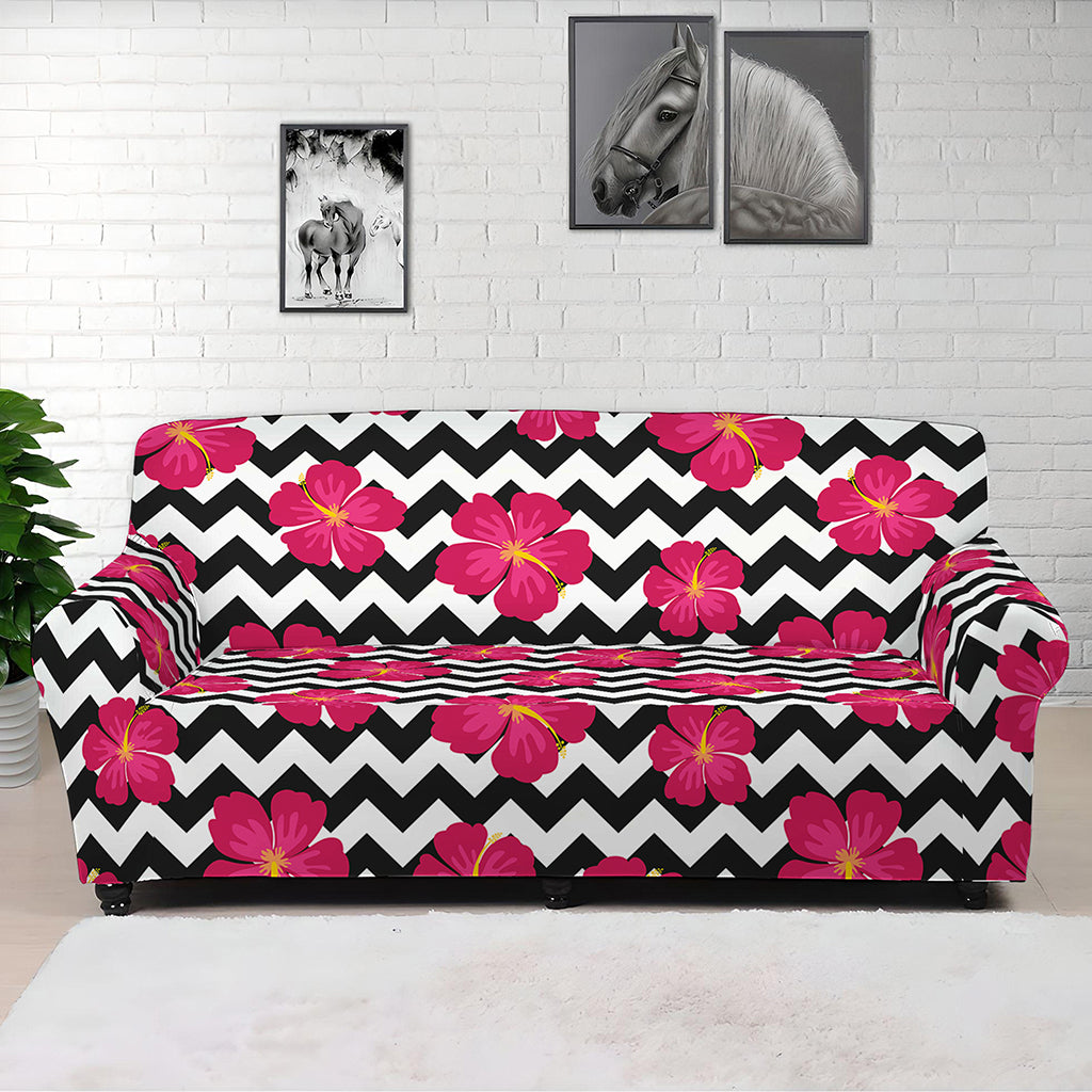 Pink Hibiscus Zigzag Pattern Print Sofa Cover