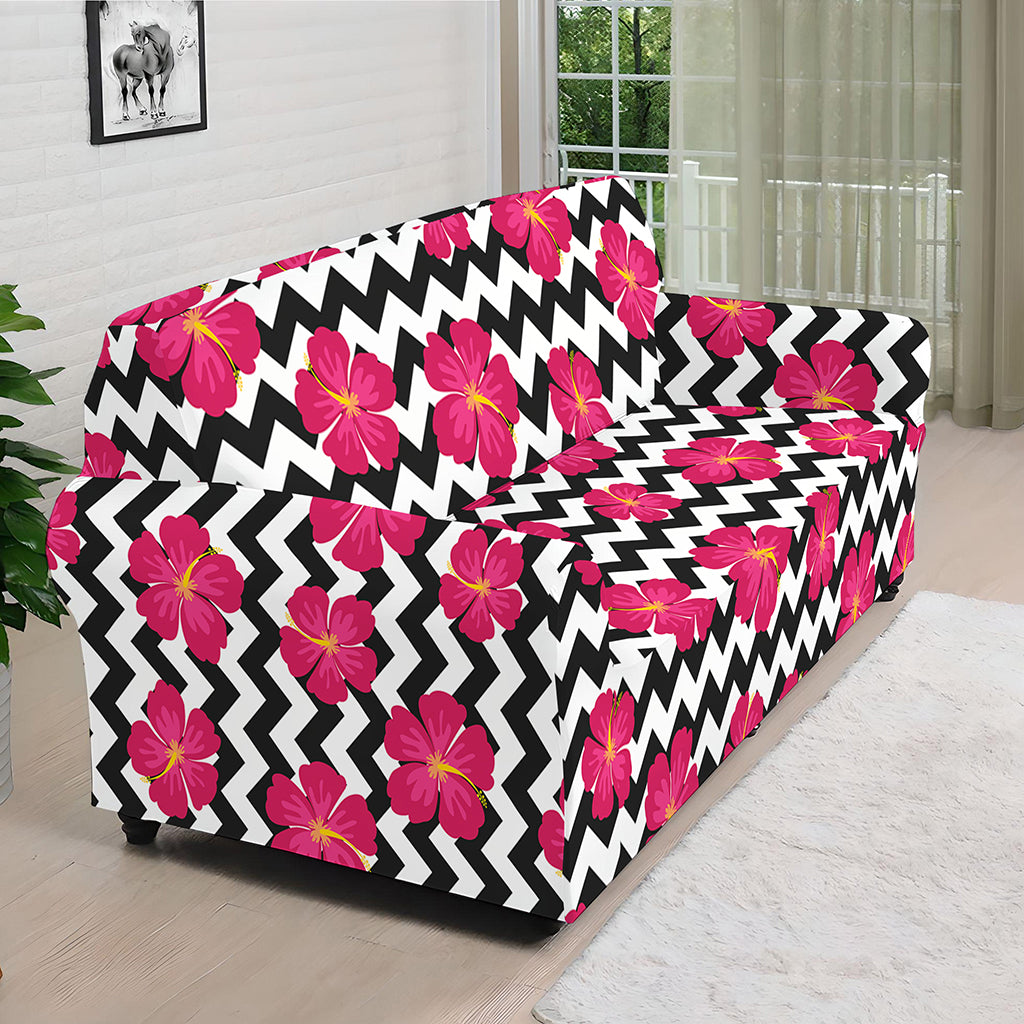 Pink Hibiscus Zigzag Pattern Print Sofa Cover