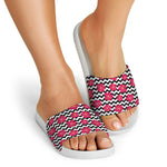 Pink Hibiscus Zigzag Pattern Print White Slide Sandals
