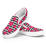 Pink Hibiscus Zigzag Pattern Print White Slip On Shoes