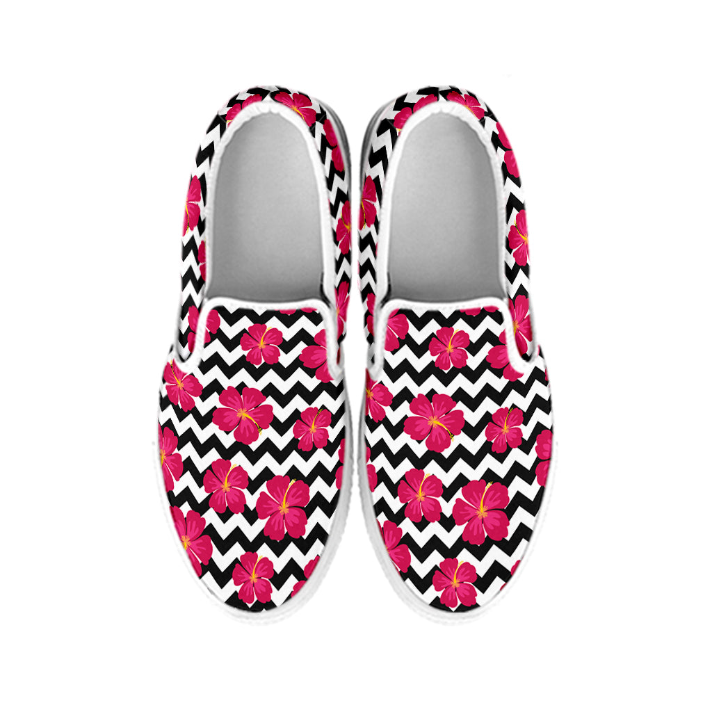 Pink Hibiscus Zigzag Pattern Print White Slip On Shoes