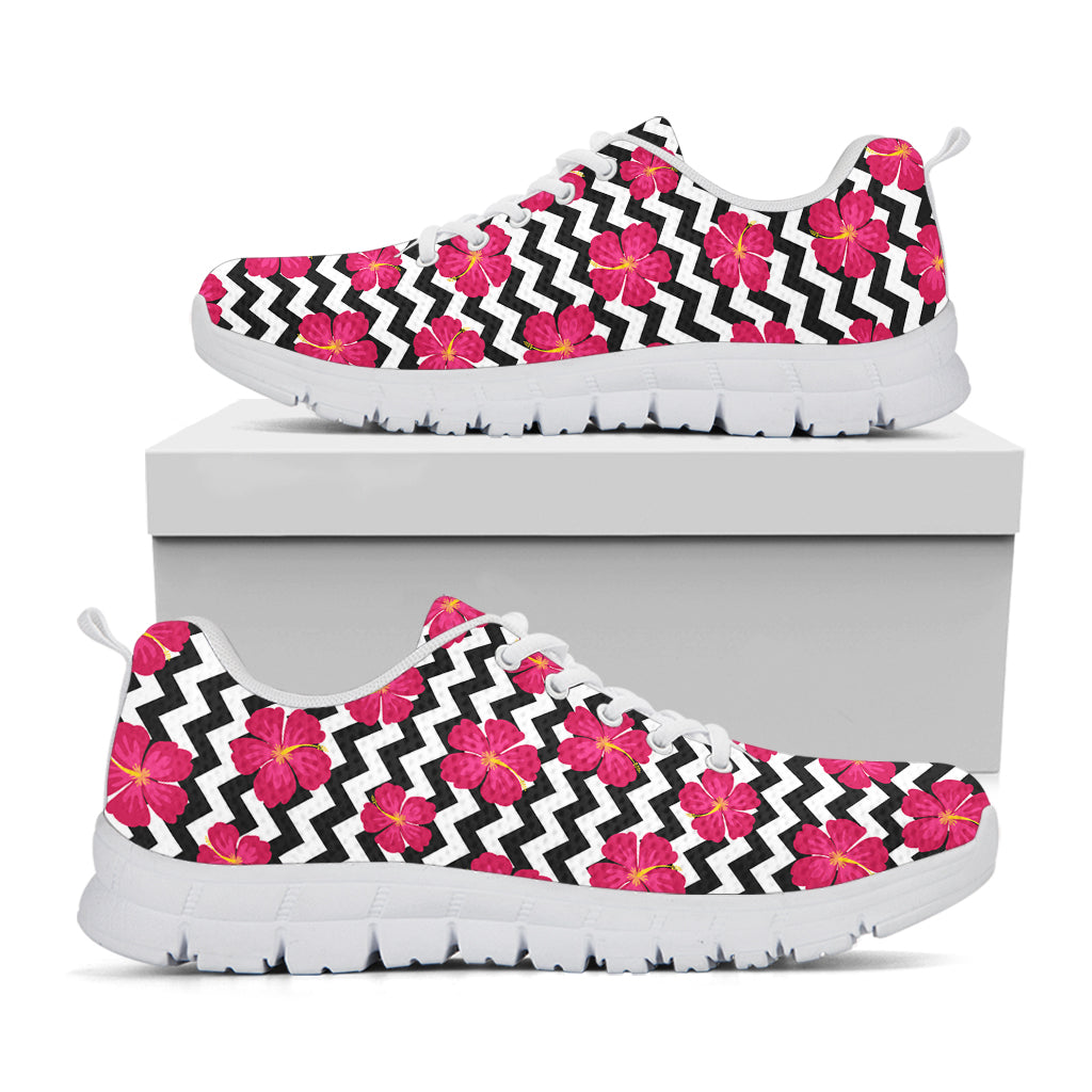 Pink Hibiscus Zigzag Pattern Print White Sneakers