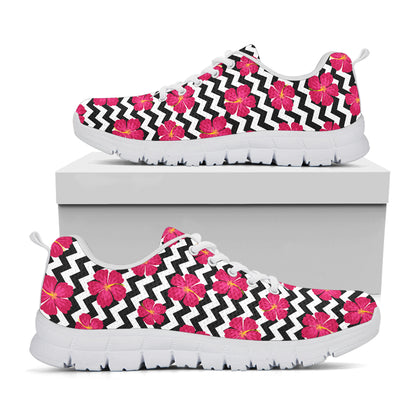 Pink Hibiscus Zigzag Pattern Print White Sneakers