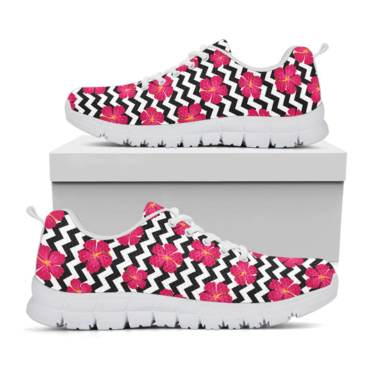 Pink Hibiscus Zigzag Pattern Print White Sneakers
