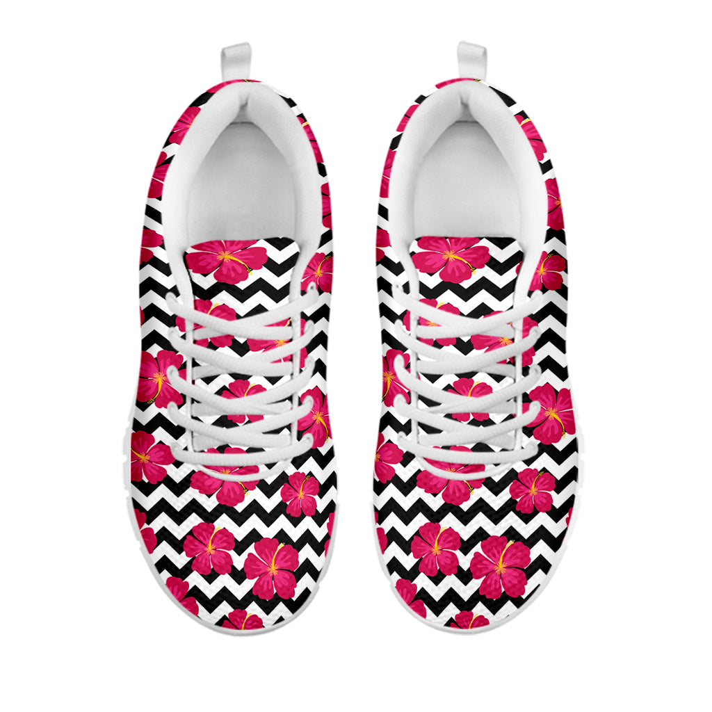 Pink Hibiscus Zigzag Pattern Print White Sneakers