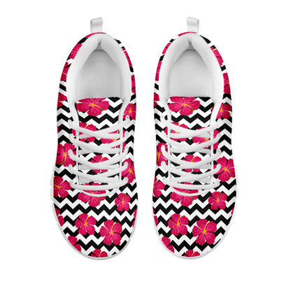 Pink Hibiscus Zigzag Pattern Print White Sneakers
