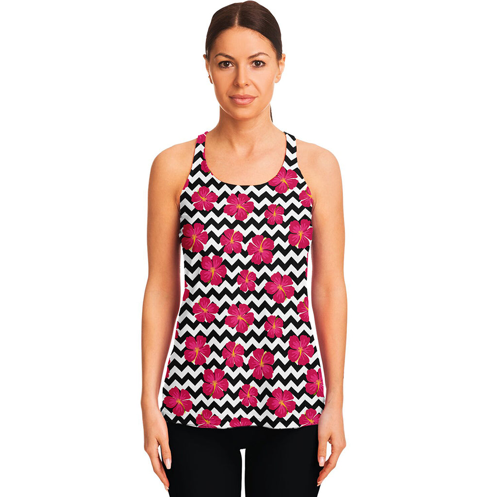 Pink Hibiscus Zigzag Pattern Print Women's Racerback Tank Top