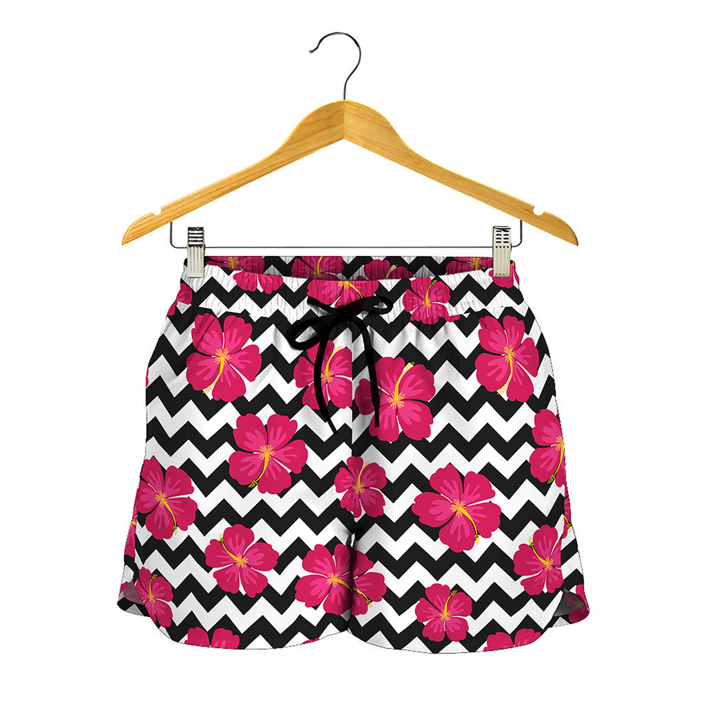 Pink Hibiscus Zigzag Pattern Print Women's Shorts
