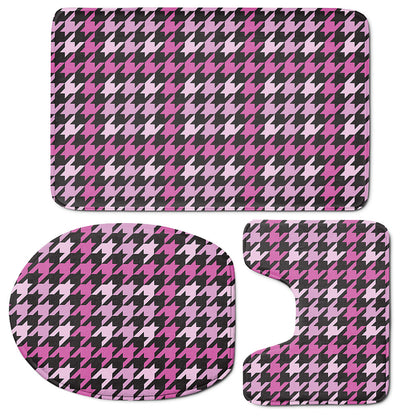 Pink Houndstooth Pattern Print 3 Piece Bath Mat Set
