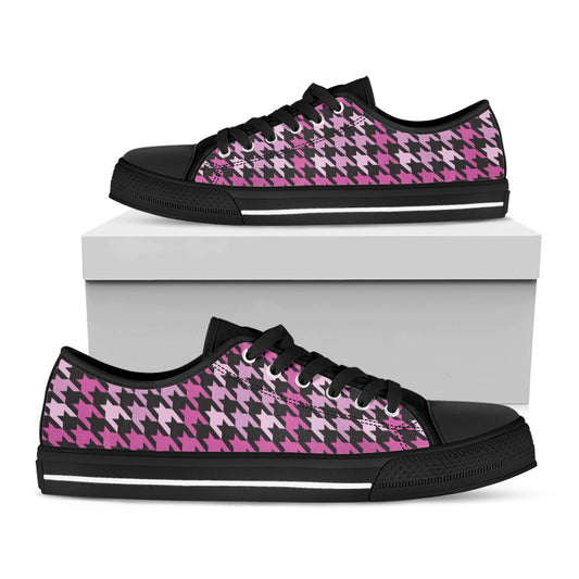 Pink Houndstooth Pattern Print Black Low Top Shoes