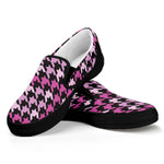 Pink Houndstooth Pattern Print Black Slip On Shoes