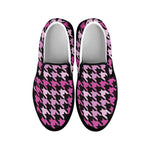 Pink Houndstooth Pattern Print Black Slip On Shoes