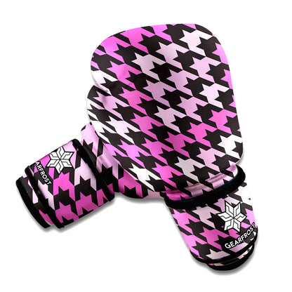 Pink Houndstooth Pattern Print Boxing Gloves