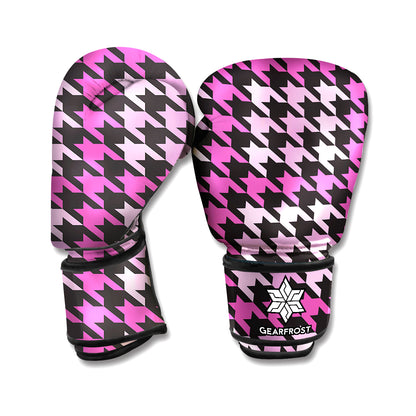 Pink Houndstooth Pattern Print Boxing Gloves