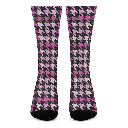 Pink Houndstooth Pattern Print Crew Socks